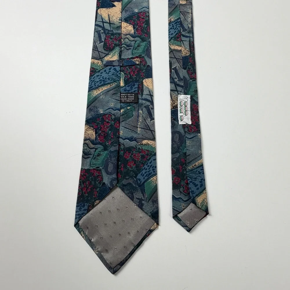 Moda Italiana‎ Teal Abstract Floral Geometric Silk Tie Italy